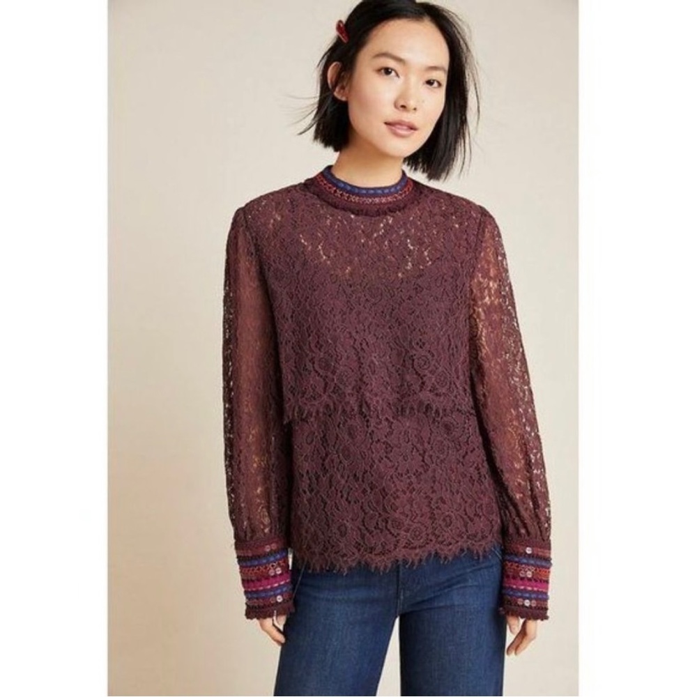 ANTHROPOLOGIE BI^nk London Lace Savannah Long Sleeve Top Wine Colored Beaded